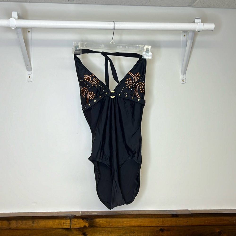 Ocean Dream‎ Y2K Black Halter Embroidered One Piece Swimsuit- 8